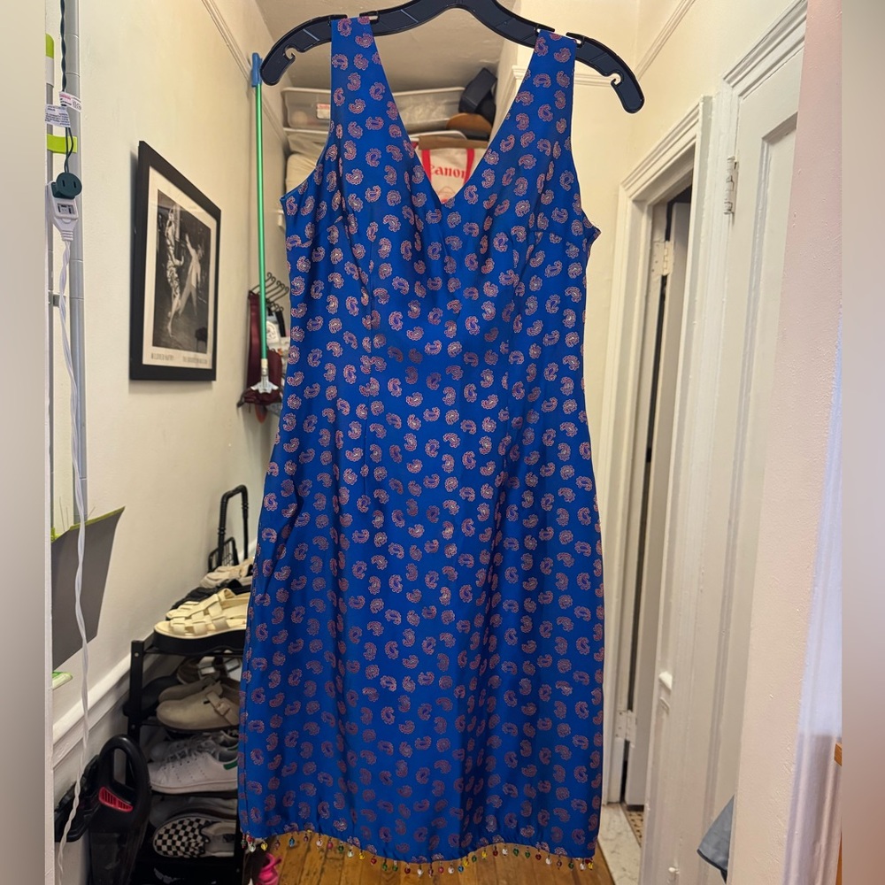 Vintage Mica Paisley Dress Beaded Blue Multicolored